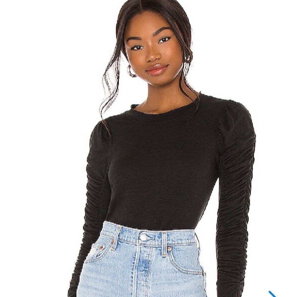 Free People Natasha Ruffle Top Ruched Long Sleeves  Dark charcoal black gray